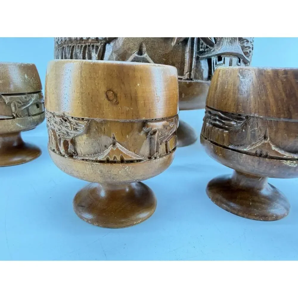 Vintage Hand Carved Wood Punch Bowl Set 6 Goblets Tiki Village 3 lb